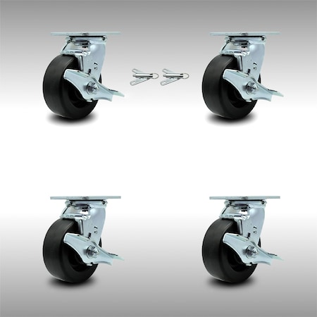 5 Inch SS Polyolefin Caster Set With Roller Bearings 4 Brake 2 Swivel Lock SCC